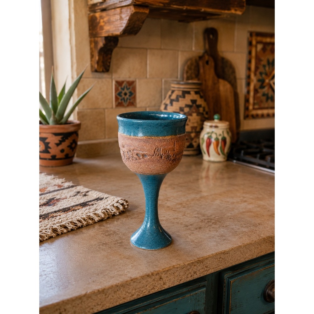 Artisan Handmade Stoneware Goblet Teal Terracotta Carved Desert Landscape Signed
